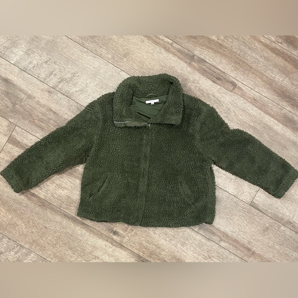 💜PacSun Long Sleeve Full Zip Faux Sherpa Jacket, Size M/L - Army Green - EUC